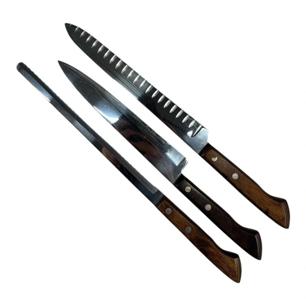 3 Vtg Ekco Flint Arrowhead Vanadium Ergonomic Wood Handle Carving Chef Knives
